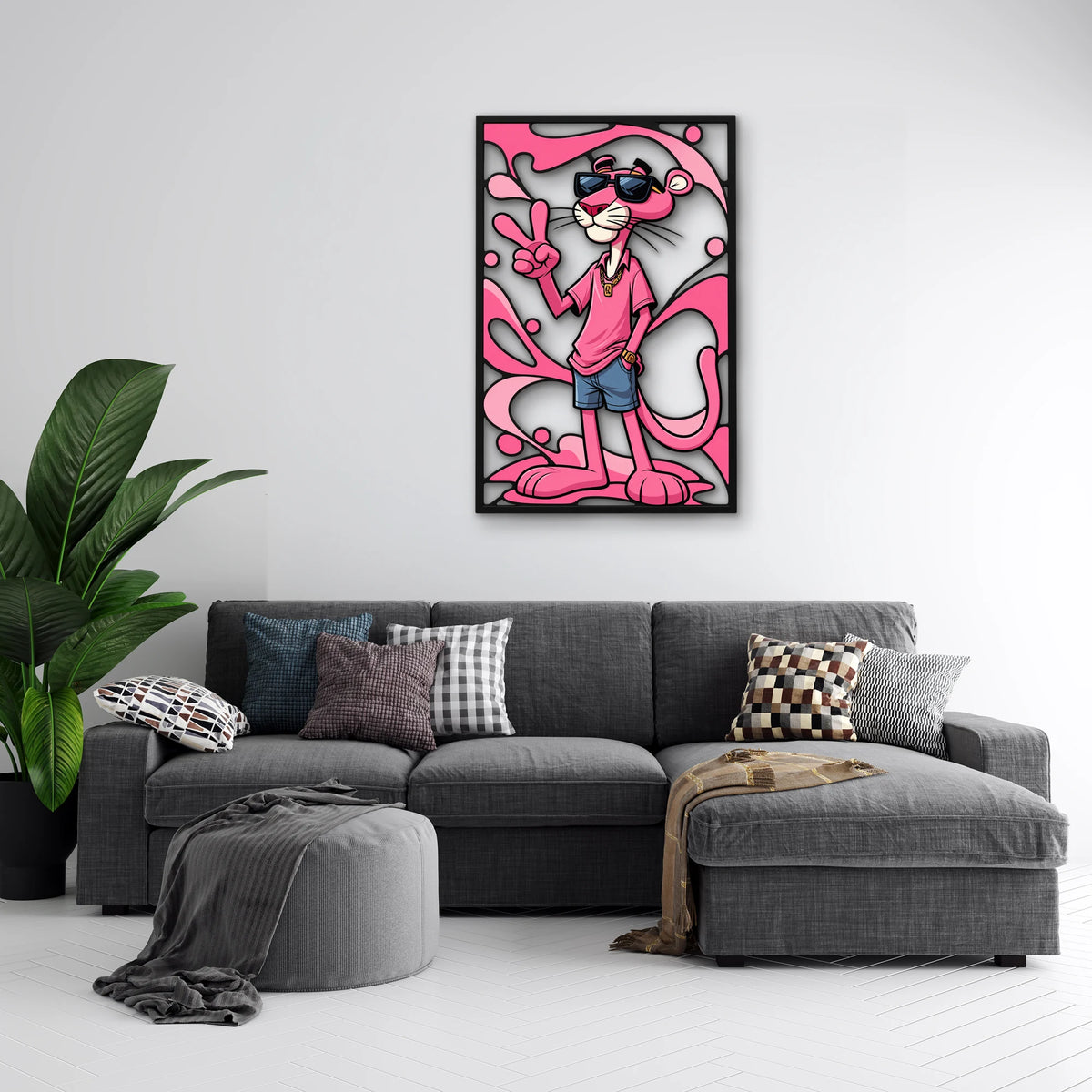 Güneş Gözlüklü Pembe Panter Metal Tablo DEC0296