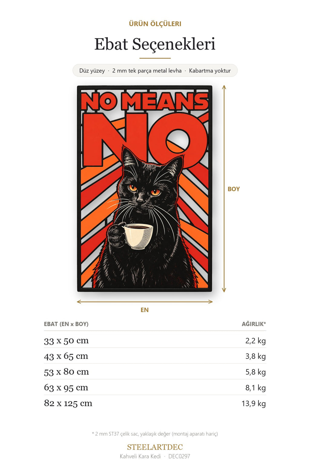 Kahveli Kara Kedi Metal Tablo DEC0297 — Açıklama: Ebat Seçenekleri