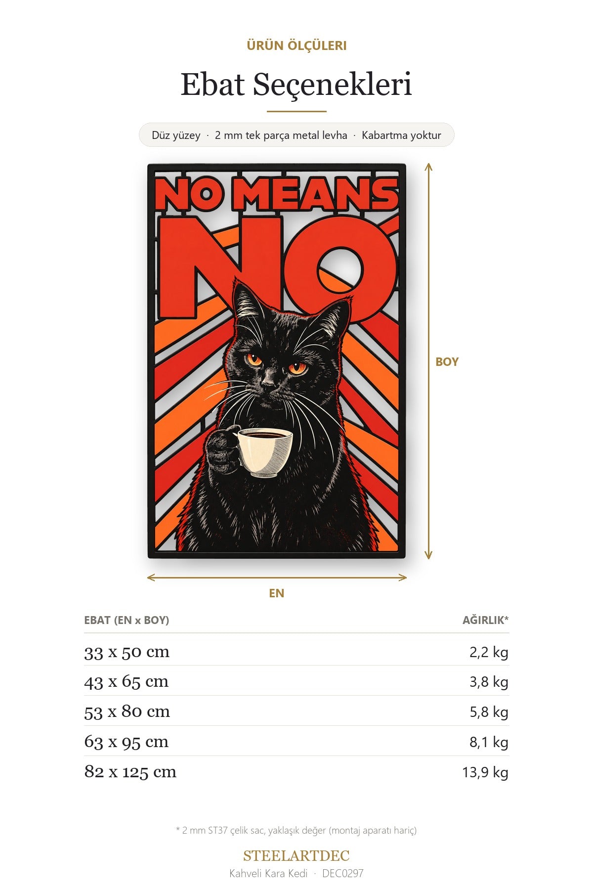 Kahveli Kara Kedi Metal Tablo DEC0297 — Açıklama: Ebat Seçenekleri