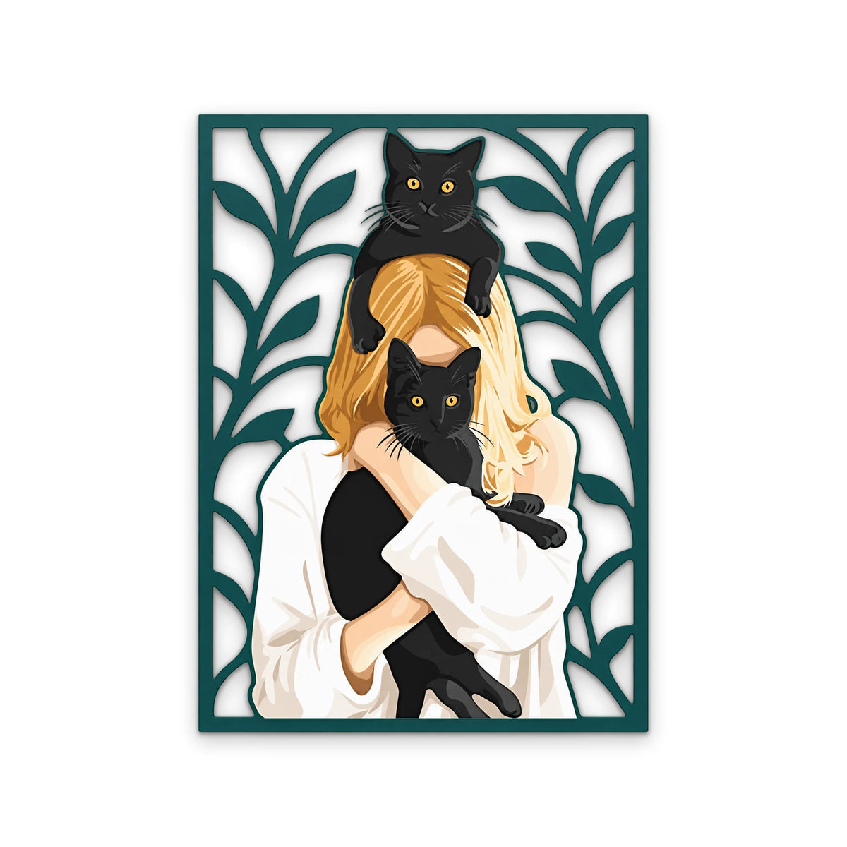 Kara Kedilere Sarılan Kadın Metal Tablo DEC0309