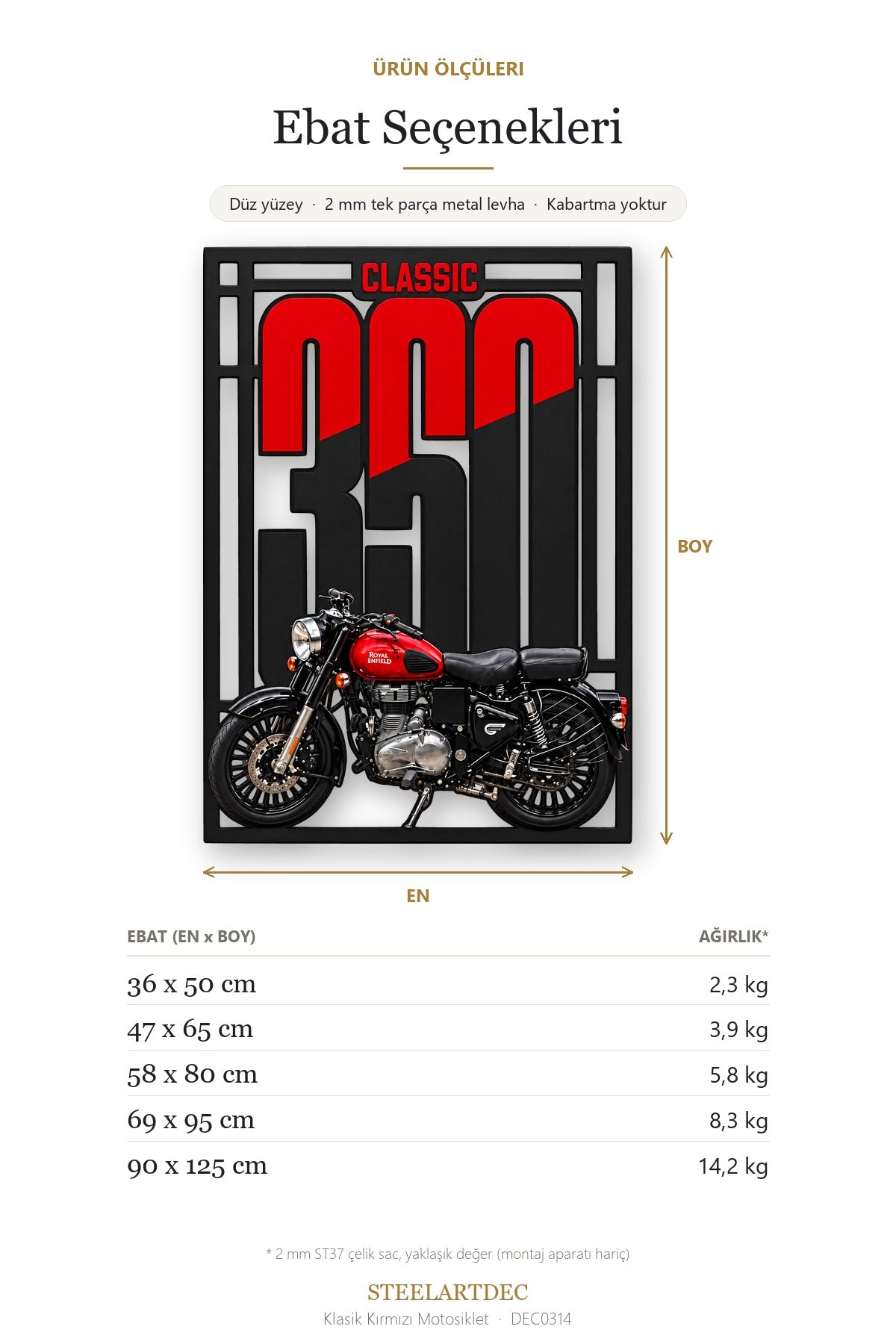 Klasik Kırmızı Motosiklet Metal Tablo DEC0314 — Açıklama: Ebat Seçenekleri