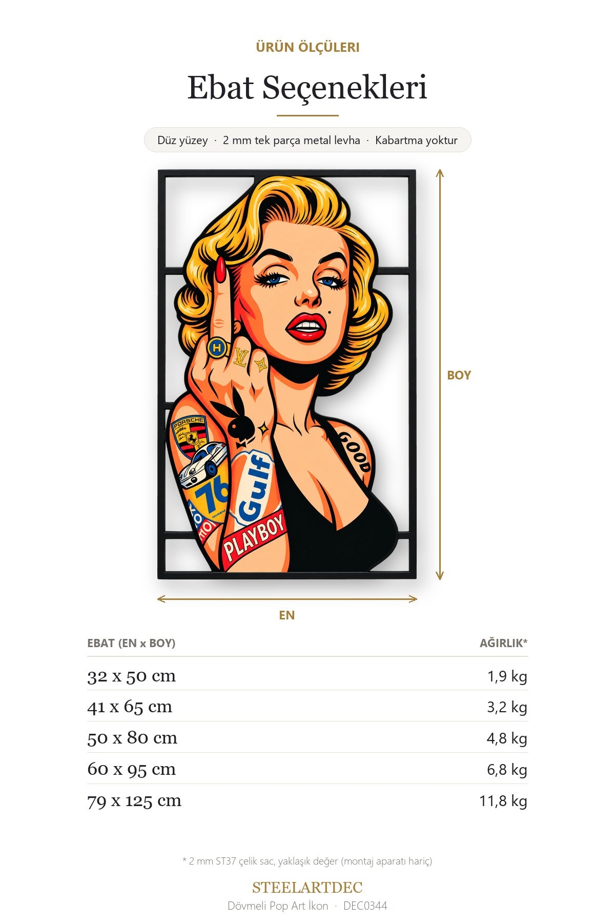Dövmeli Pop Art İkon Metal Tablo DEC0344 — Açıklama: Ebat Seçenekleri