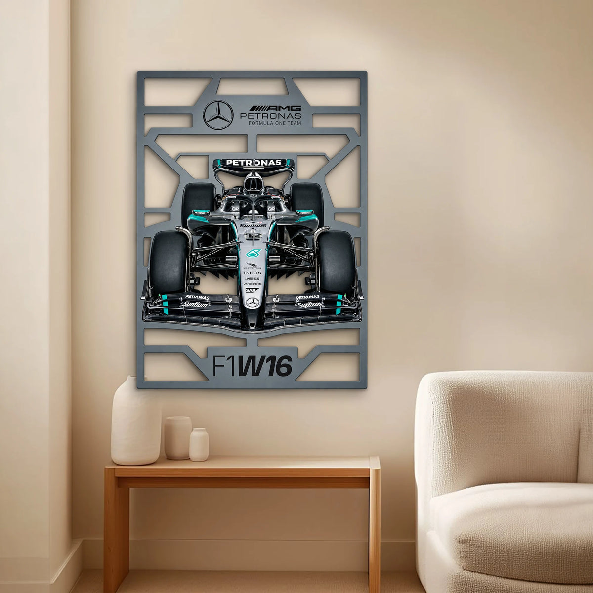 Gümüş-Siyah Formula 1 Yarış Aracı Metal Tablo DEC0348