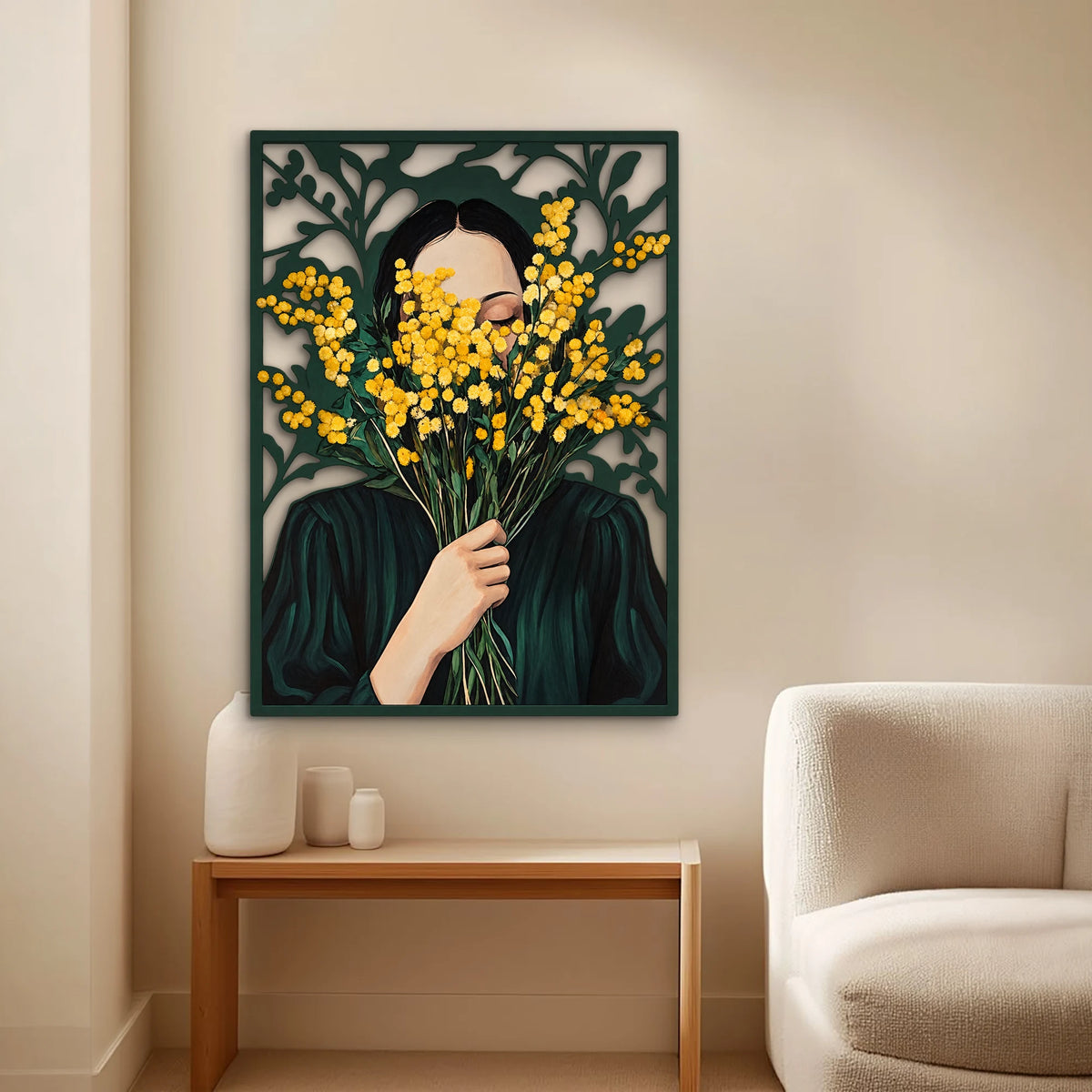 Mimoza Buketli Kadın Metal Tablo DEC0349