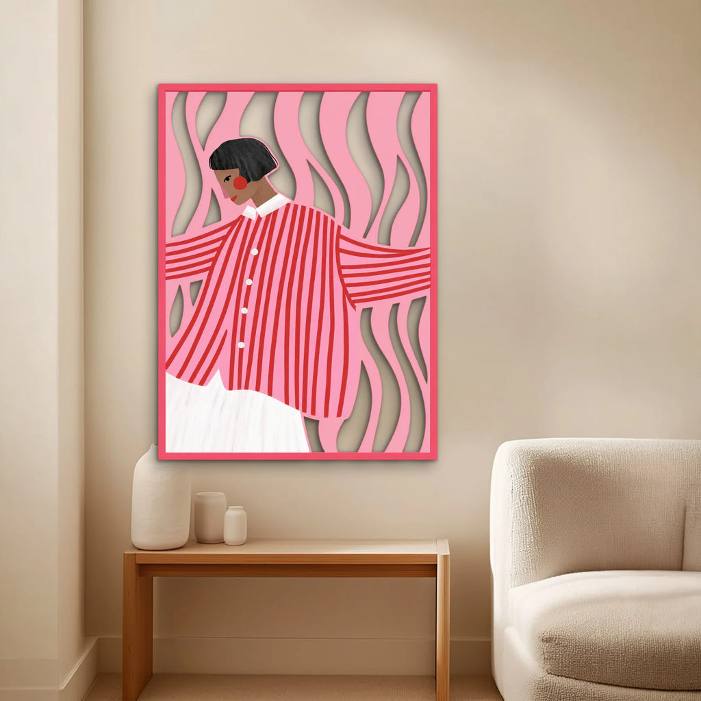 Pembe Dalgalarda Çizgili Gömlekli Kadın Metal Tablo DEC0354