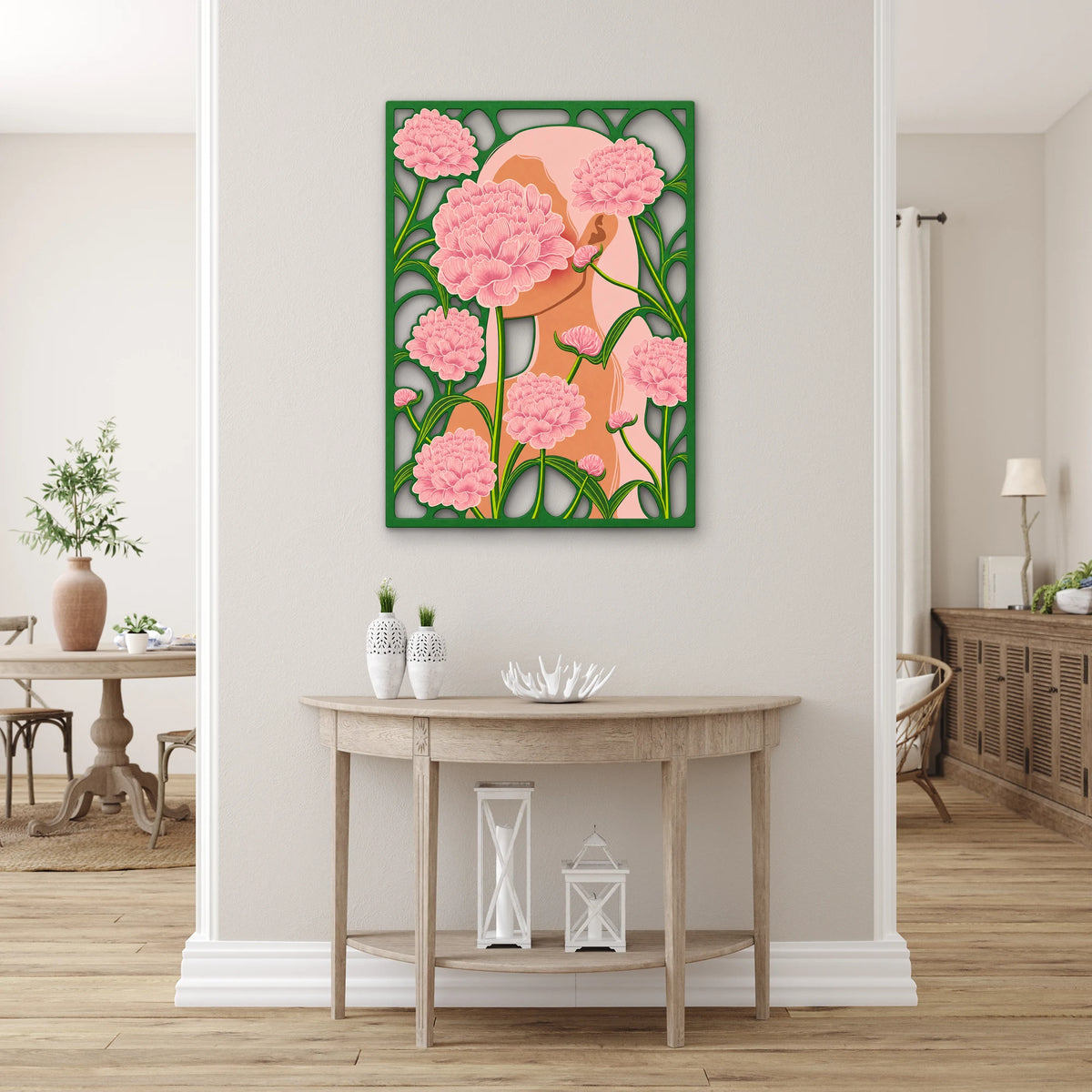 Pembe Karanfilli Kadın Portresi Metal Tablo DEC0355