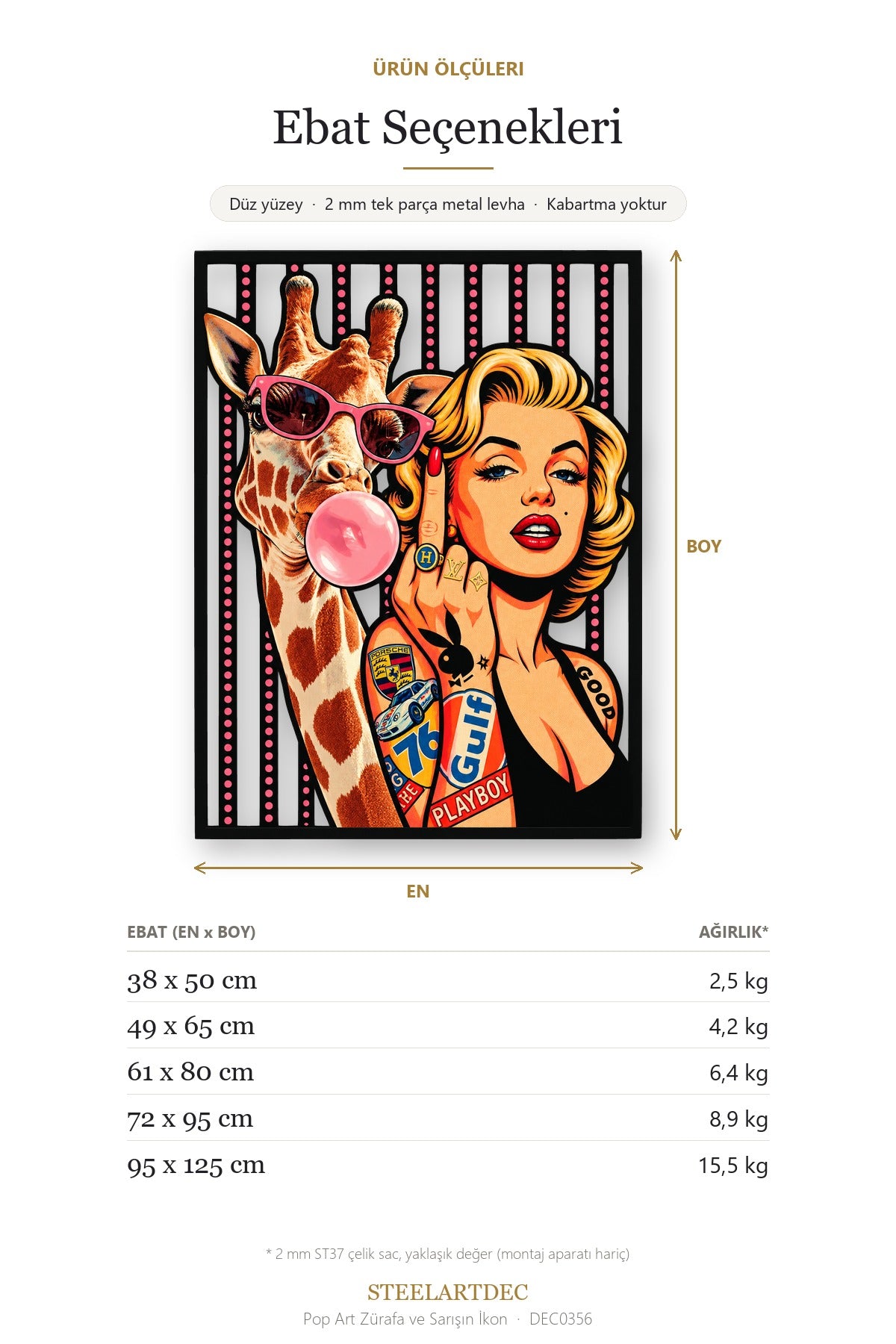Pop Art Zürafa ve Sarışın İkon Metal Tablo DEC0356 — Açıklama: Ebat Seçenekleri