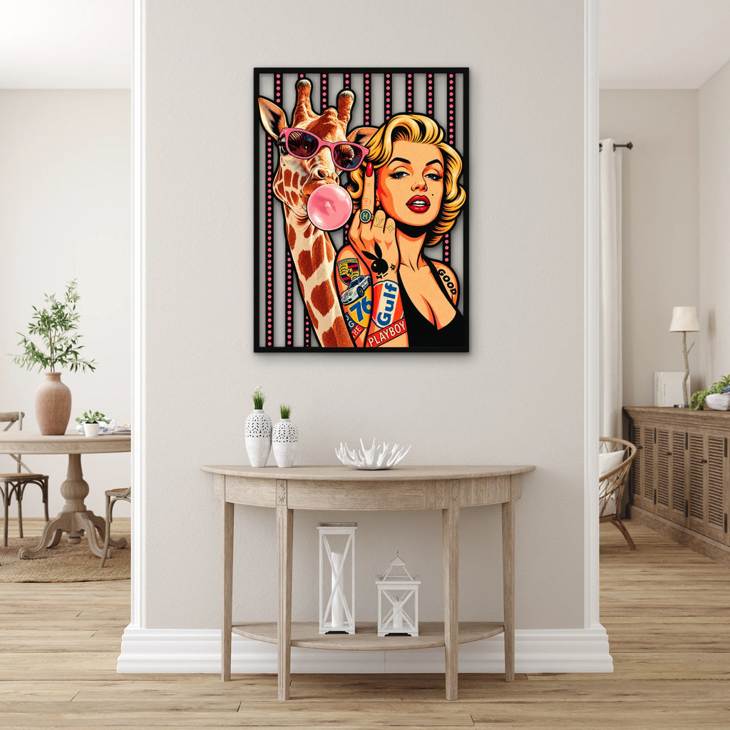 Pop Art Zürafa ve Sarışın İkon Metal Tablo DEC0356