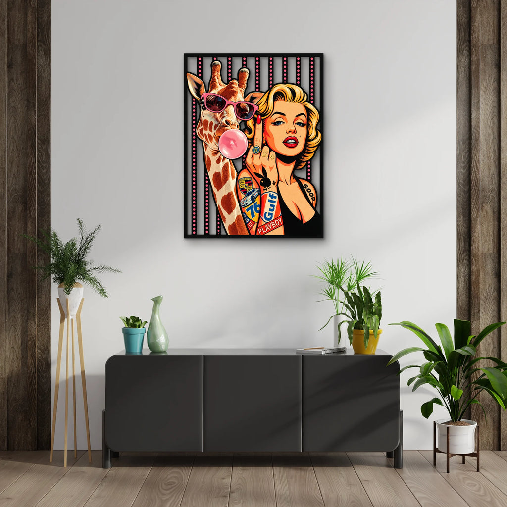 Pop Art Zürafa ve Sarışın İkon Metal Tablo DEC0356