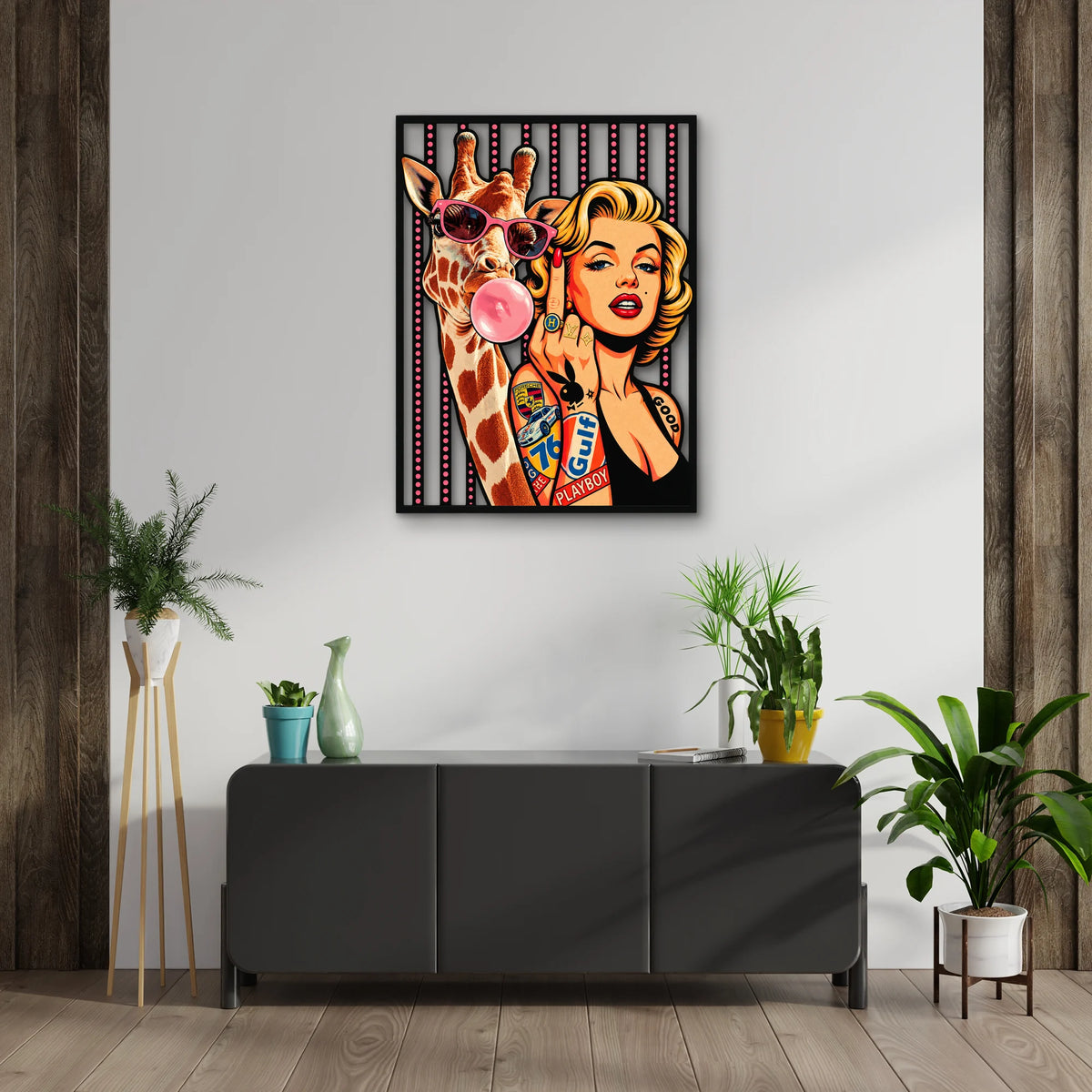 Pop Art Zürafa ve Sarışın İkon Metal Tablo DEC0356