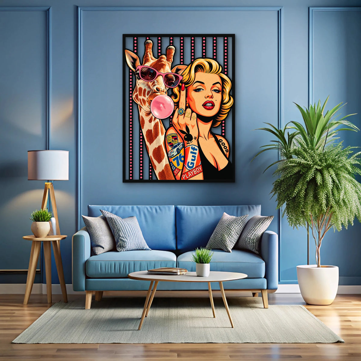 Pop Art Zürafa ve Sarışın İkon Metal Tablo DEC0356