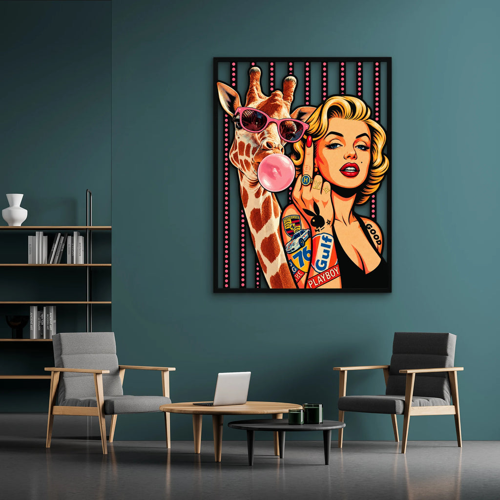 Pop Art Zürafa ve Sarışın İkon Metal Tablo DEC0356