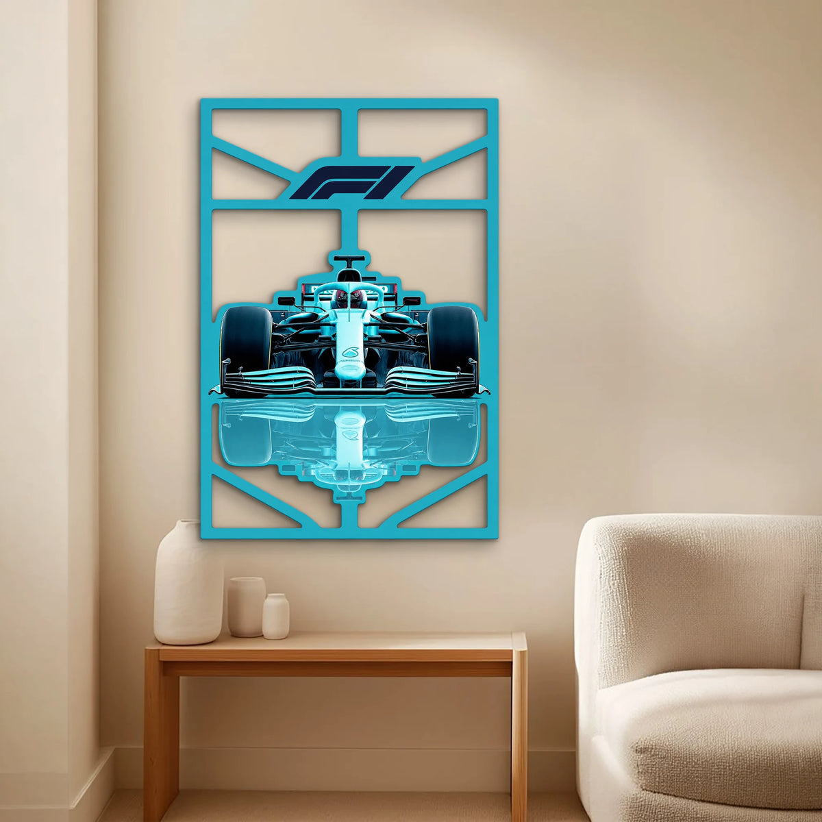 Turkuaz Formula 1 Yarış Aracı Metal Tablo DEC0368