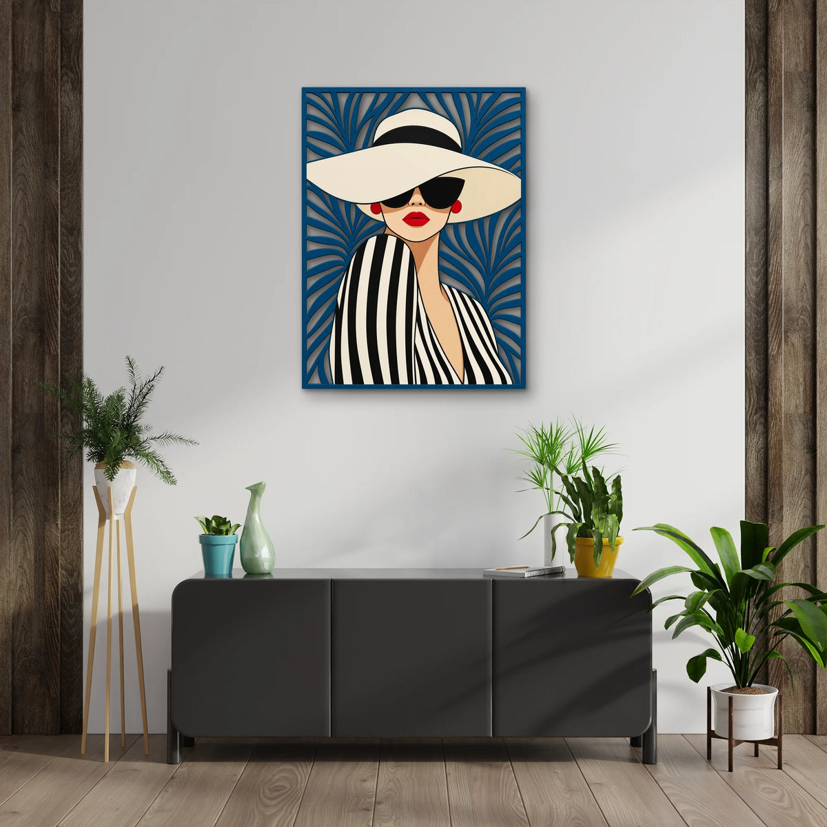 Hasır Şapkalı Gözlüklü Kadın Metal Tablo DEC0395