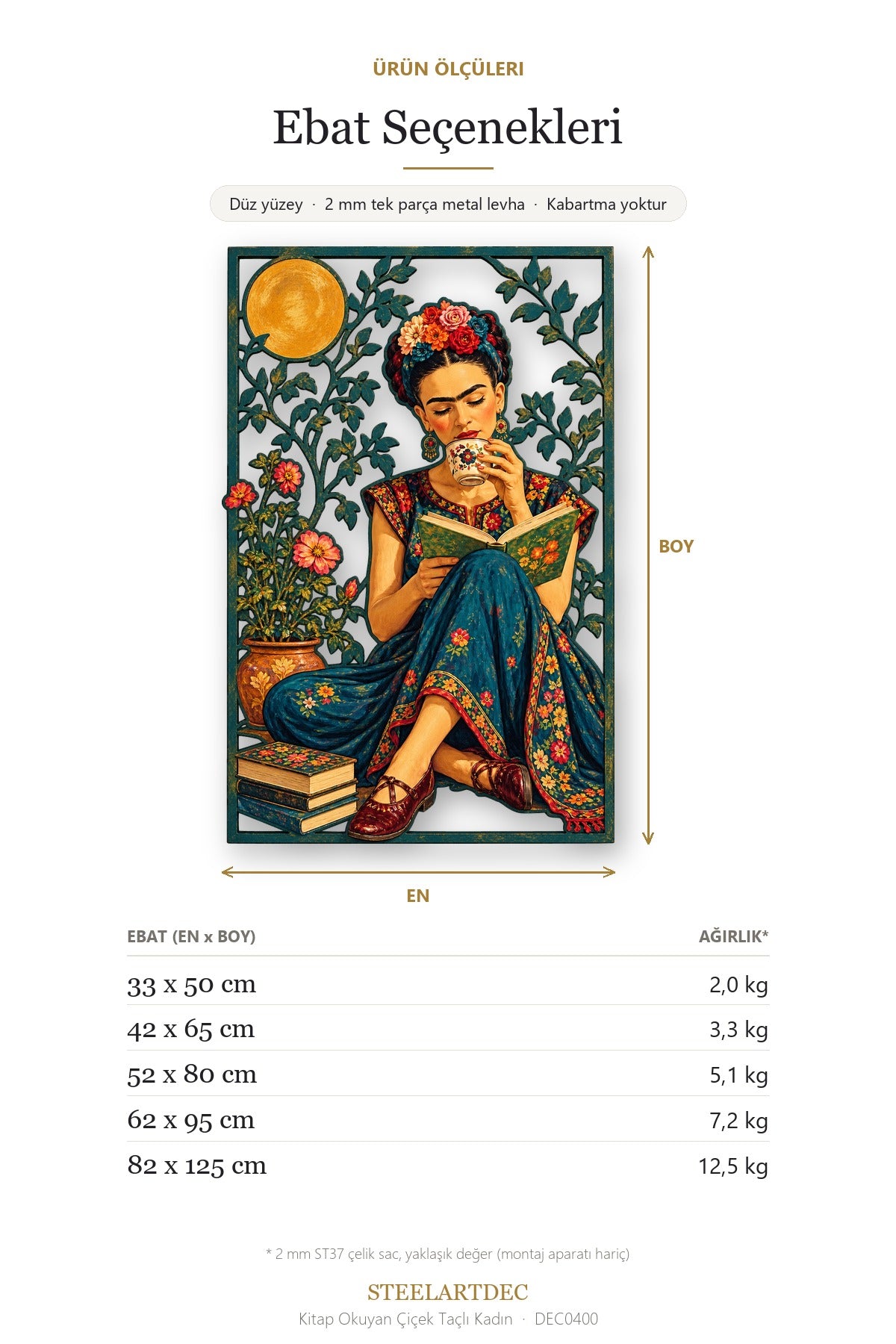 Kitap Okuyan Çiçek Taçlı Kadın Metal Tablo DEC0400 — Açıklama: Ebat Seçenekleri