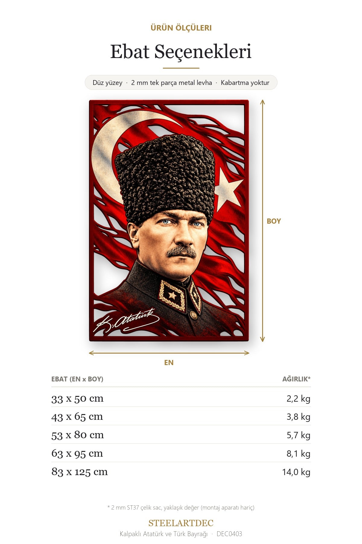 Kalpaklı Atatürk ve Türk Bayrağı Metal Tablo DEC0403 — Açıklama: Ebat Seçenekleri