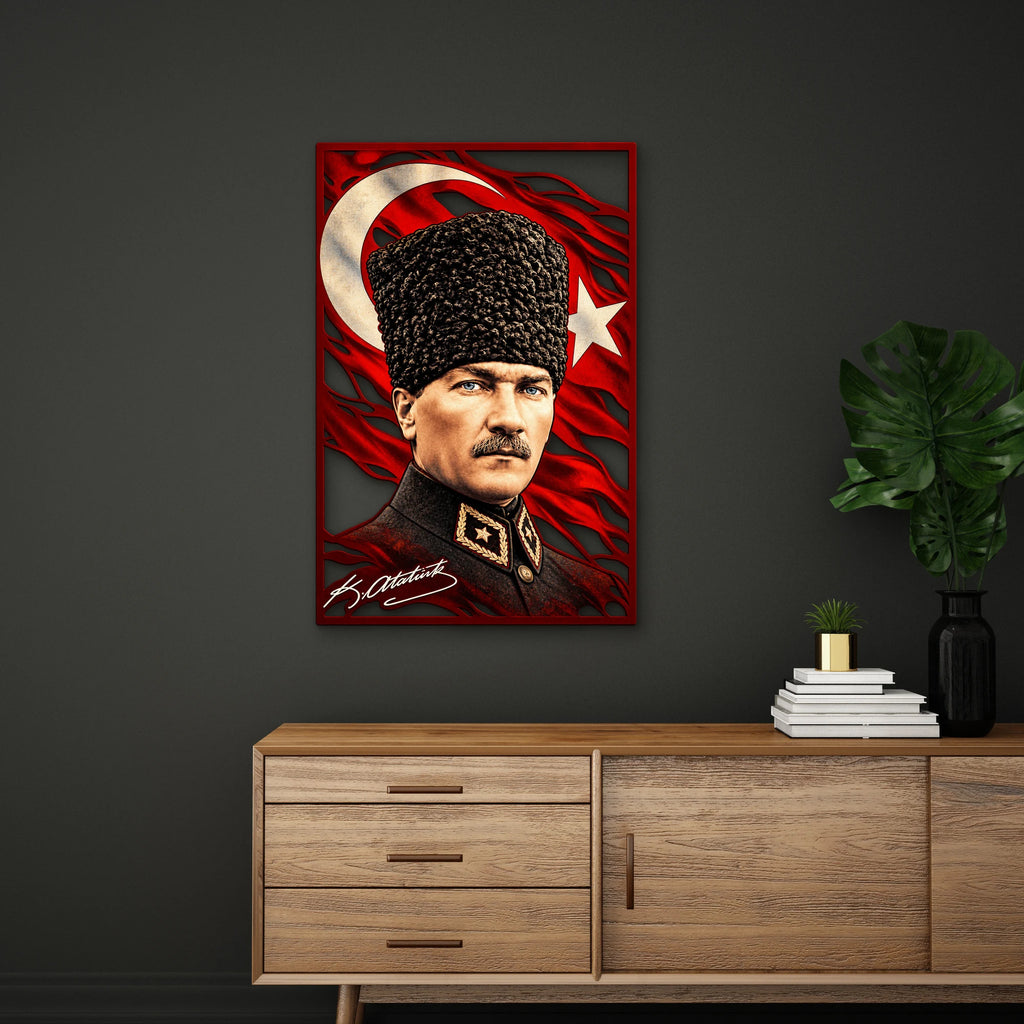 Kalpaklı Atatürk ve Türk Bayrağı Metal Tablo DEC0403
