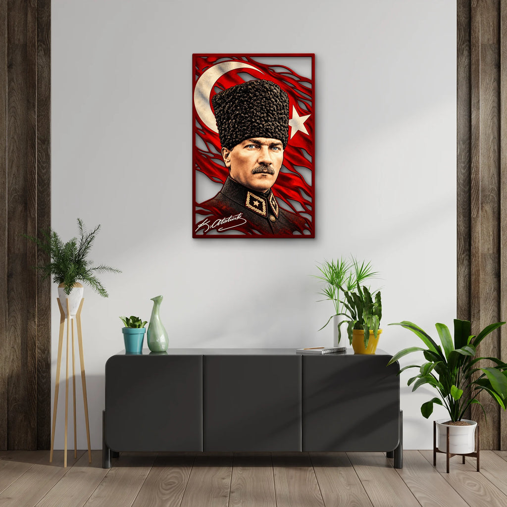 Kalpaklı Atatürk ve Türk Bayrağı Metal Tablo DEC0403