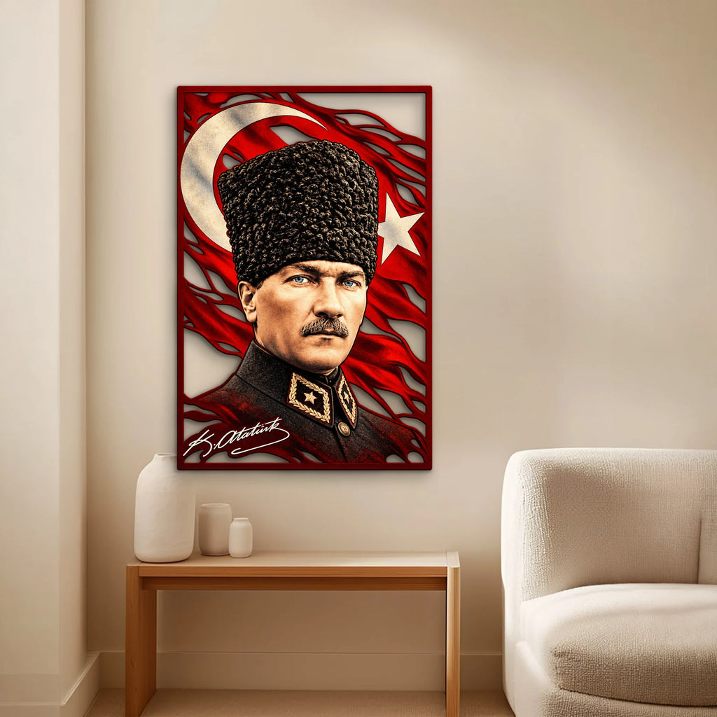 Kalpaklı Atatürk ve Türk Bayrağı Metal Tablo DEC0403