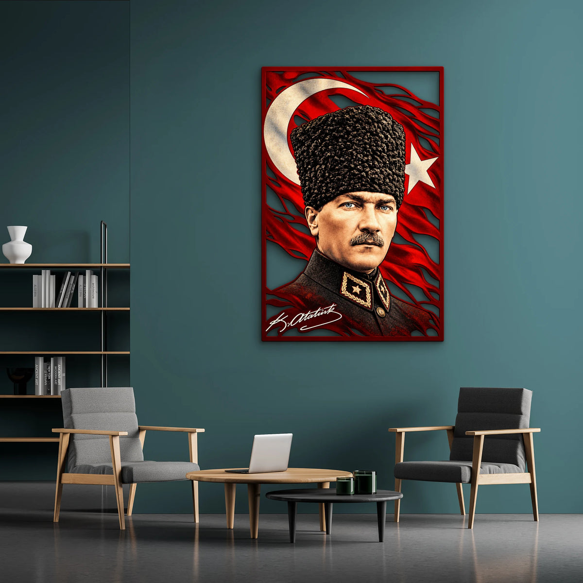Kalpaklı Atatürk ve Türk Bayrağı Metal Tablo DEC0403