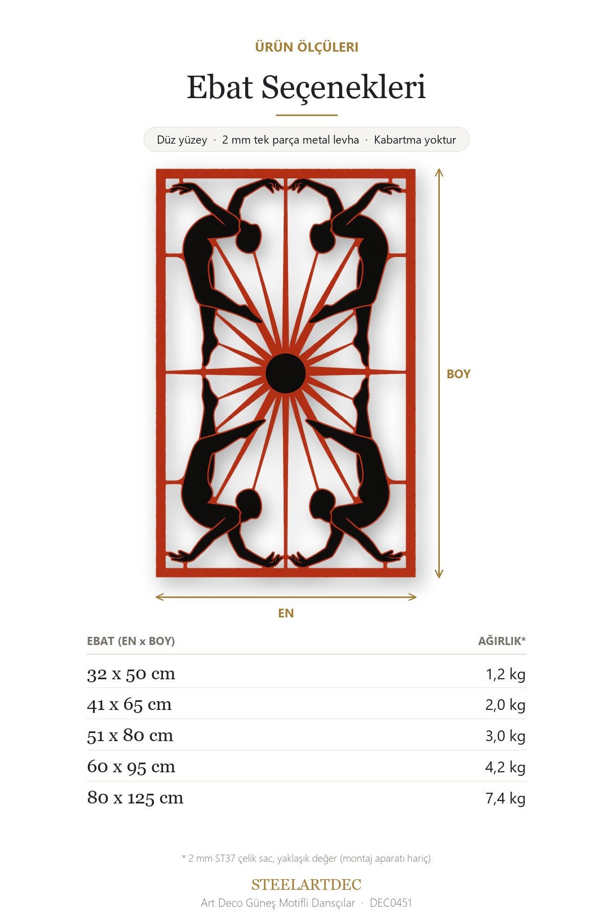 Art Deco Güneş Motifli Dansçılar Metal Tablo DEC0451 — Açıklama: Ebat Seçenekleri