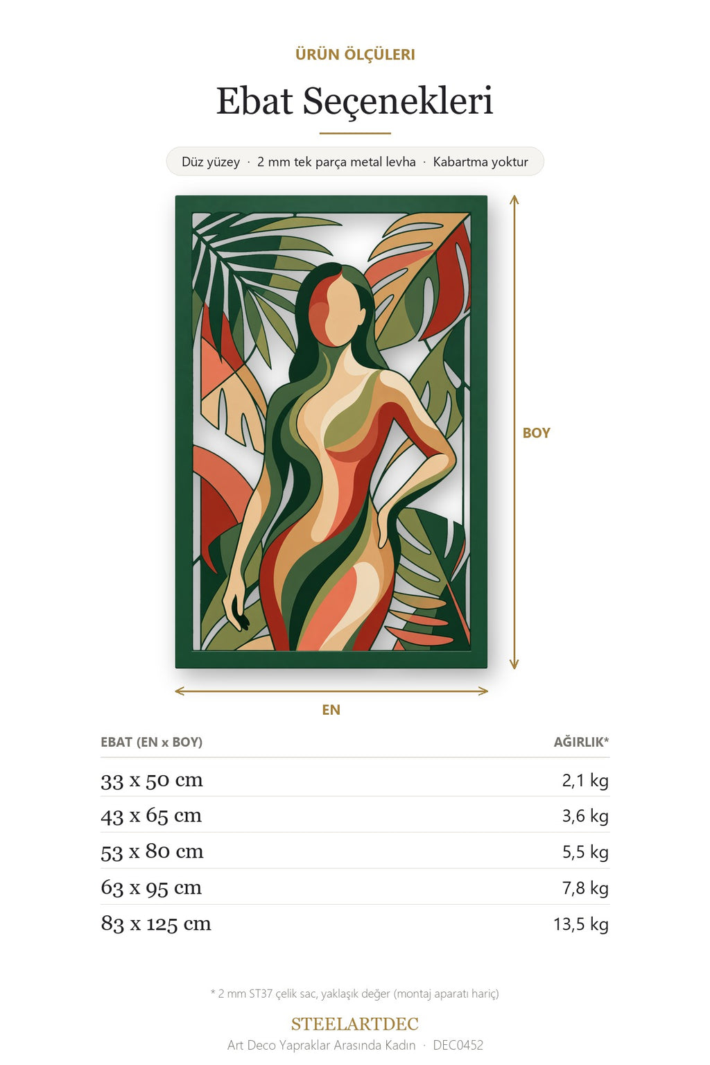 Art Deco Yapraklar Arasında Kadın Metal Tablo DEC0452 — Açıklama: Ebat Seçenekleri