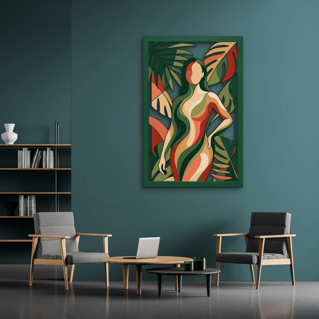 Art Deco Yapraklar Arasında Kadın Metal Tablo DEC0452