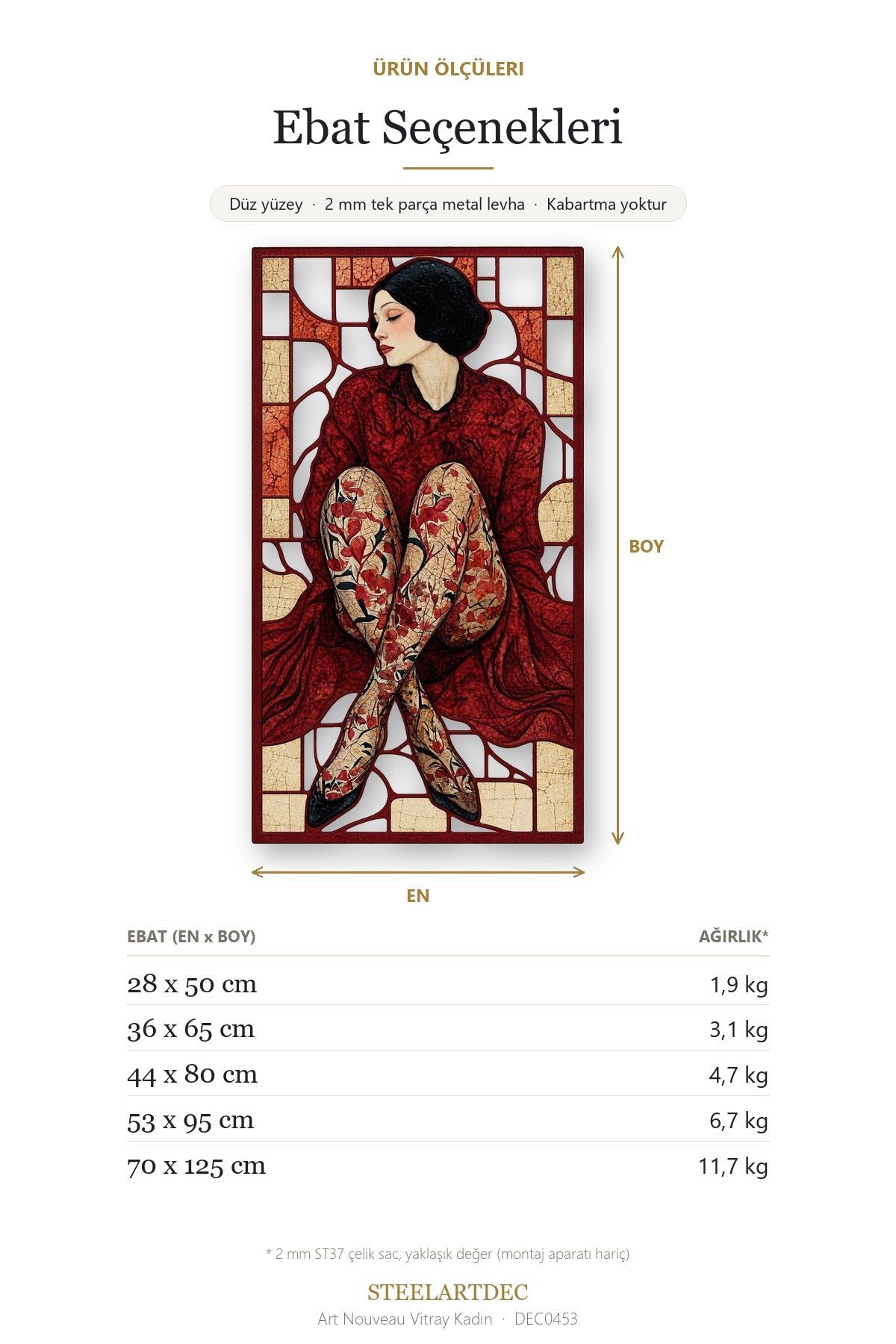 Art Nouveau Vitray Kadın Metal Tablo DEC0453 — Açıklama: Ebat Seçenekleri