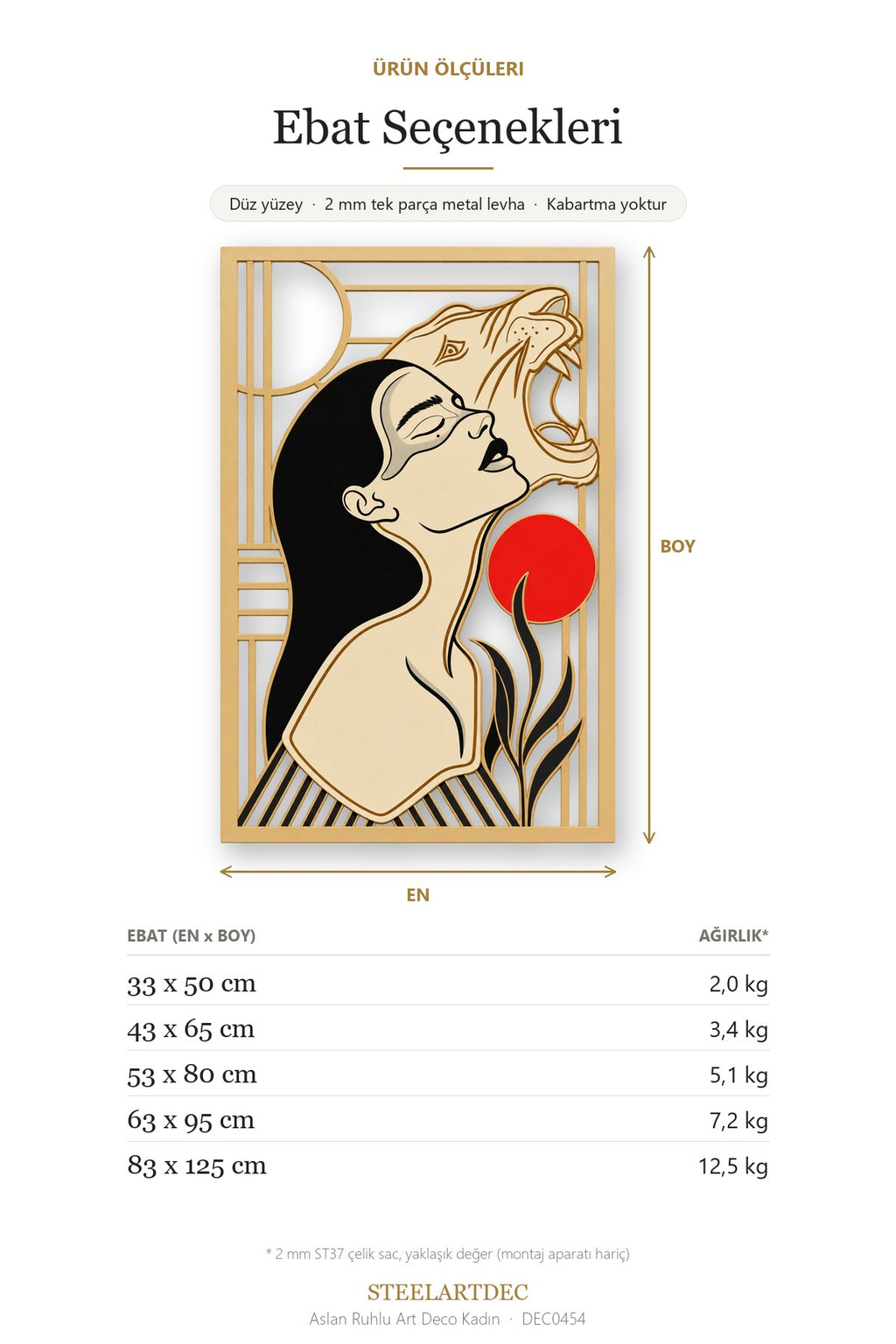 Aslan Ruhlu Art Deco Kadın Metal Tablo DEC0454 — Açıklama: Ebat Seçenekleri