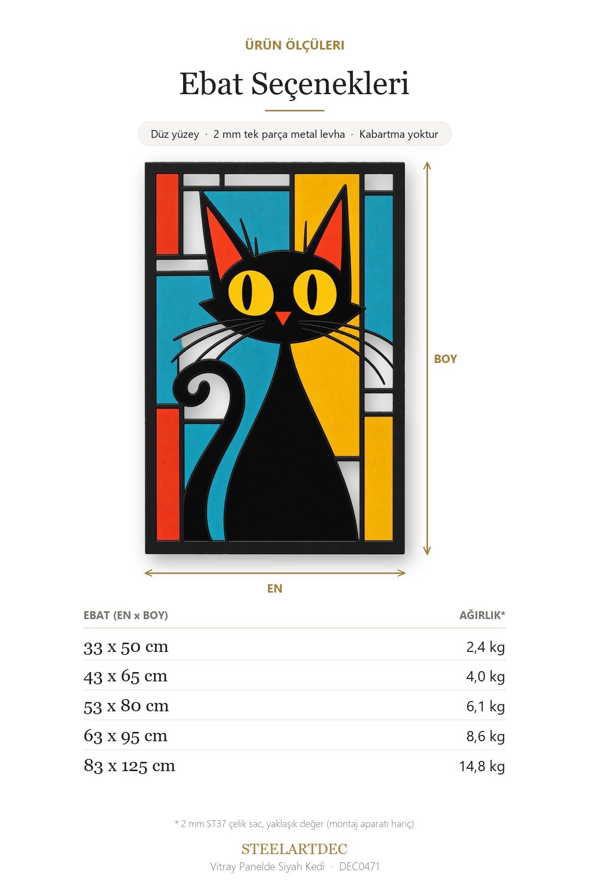 Vitray Panelde Siyah Kedi Metal Tablo DEC0471 — Açıklama: Ebat Seçenekleri