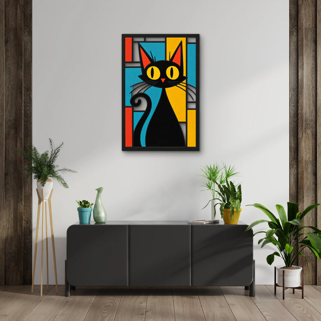 Vitray Panelde Siyah Kedi Metal Tablo DEC0471