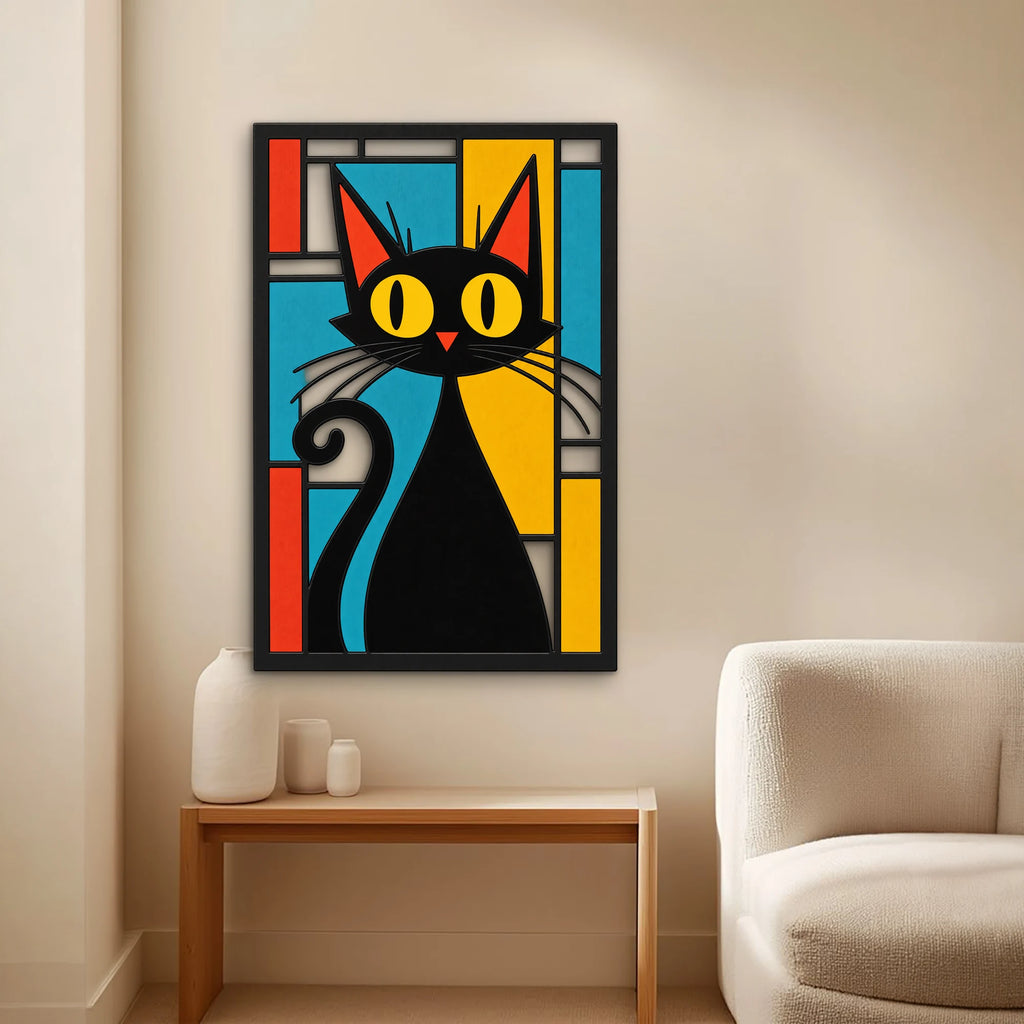 Vitray Panelde Siyah Kedi Metal Tablo DEC0471