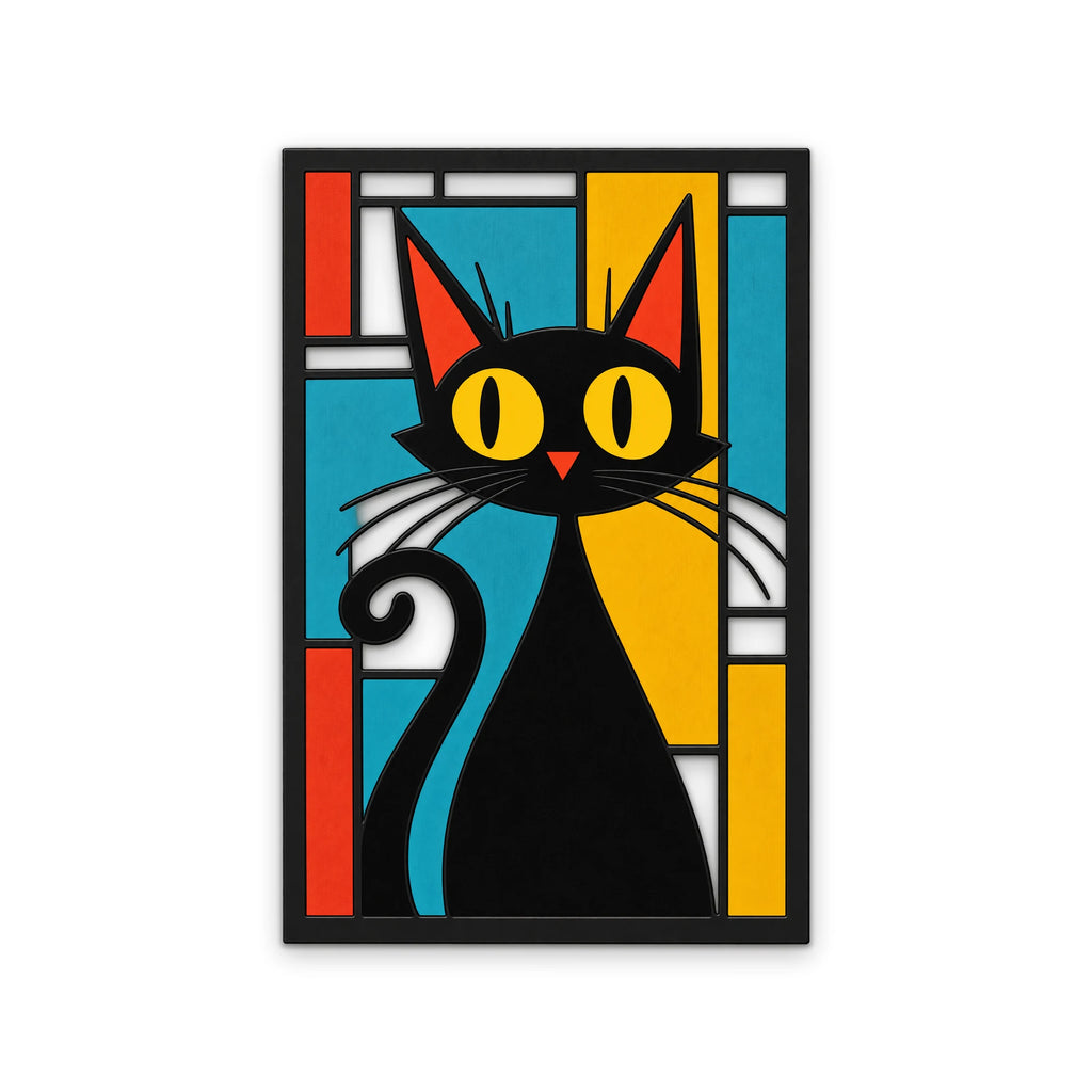 Vitray Panelde Siyah Kedi Metal Tablo DEC0471