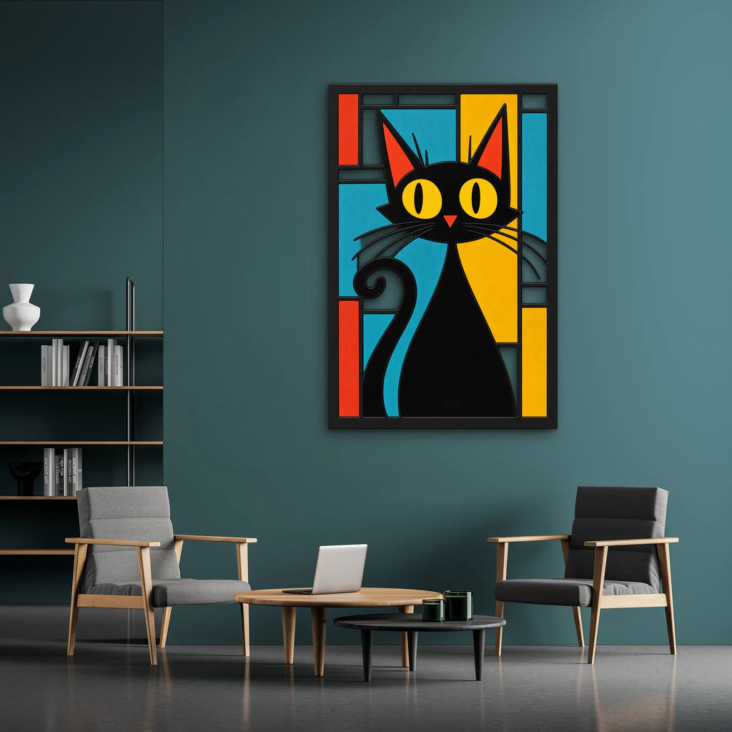 Vitray Panelde Siyah Kedi Metal Tablo DEC0471