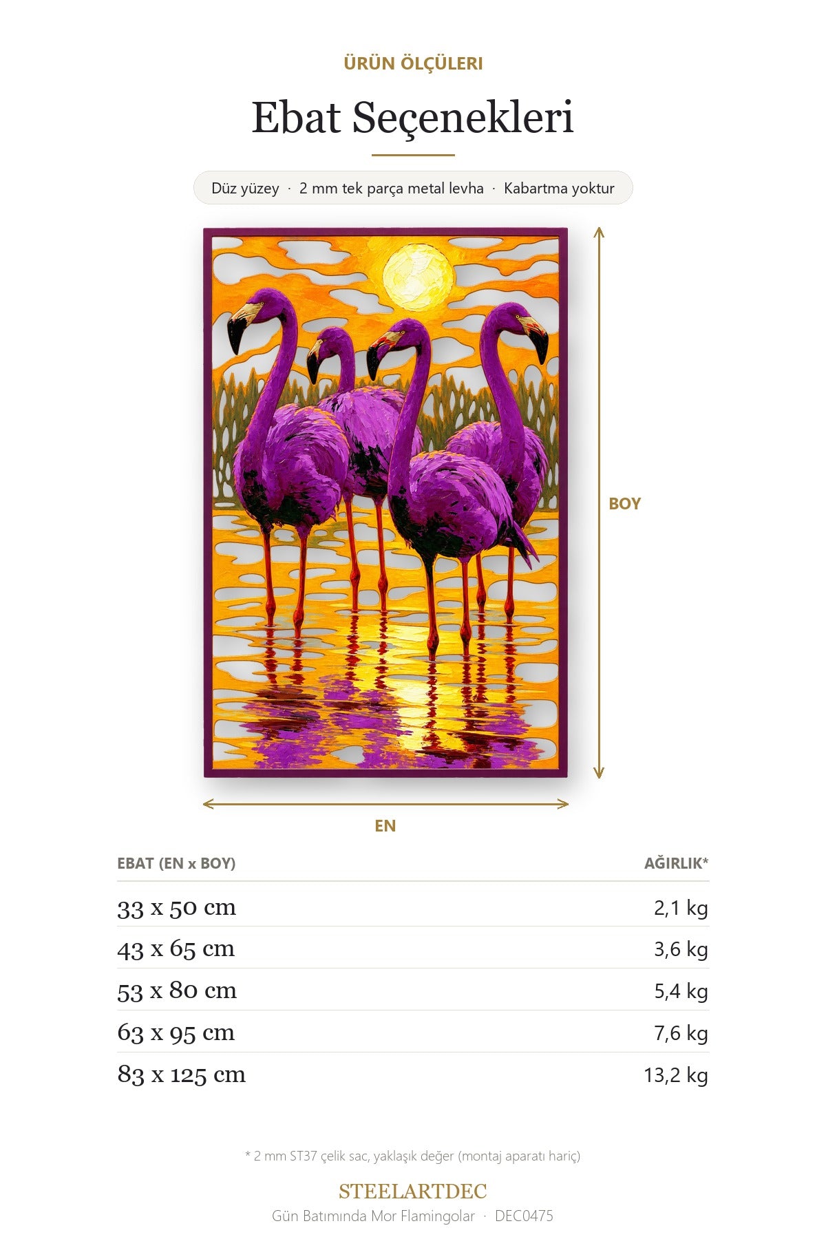 Gün Batımında Mor Flamingolar Metal Tablo DEC0475 — Açıklama: Ebat Seçenekleri