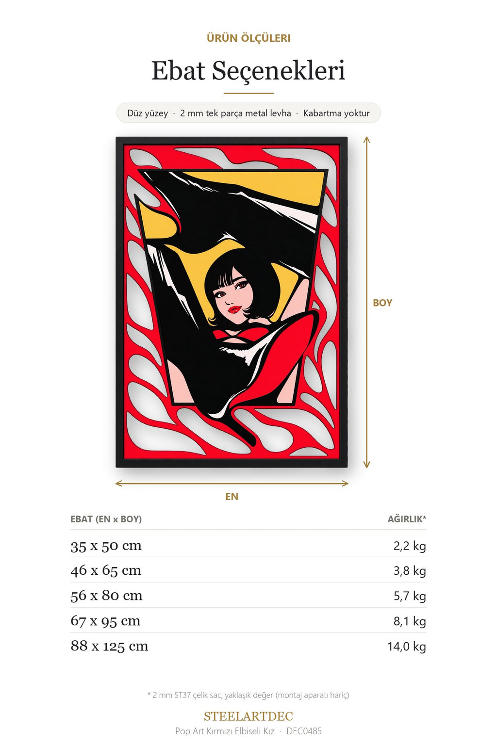 Pop Art Kırmızı Elbiseli Kız Metal Tablo DEC0485 — Açıklama: Ebat Seçenekleri