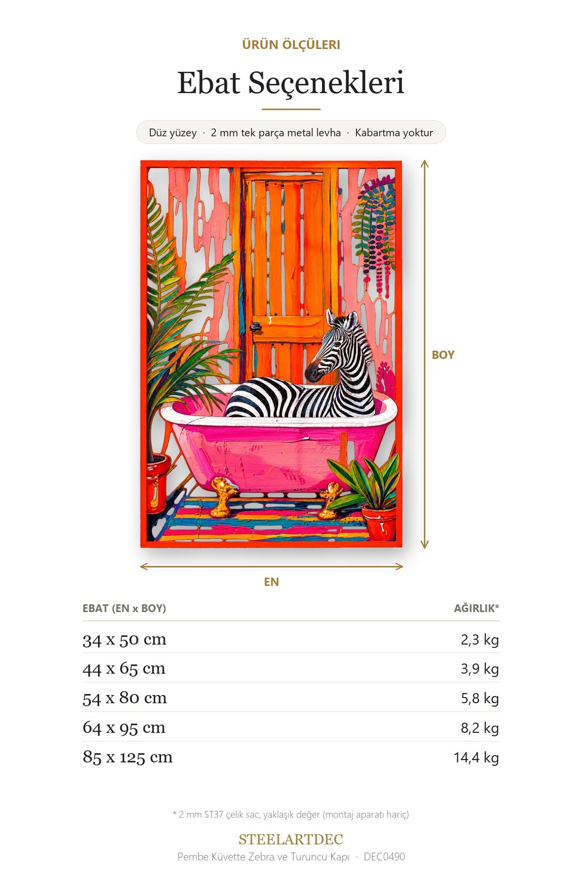 Pembe Küvette Zebra ve Turuncu Kapı Metal Tablo DEC0490 — Açıklama: Ebat Seçenekleri