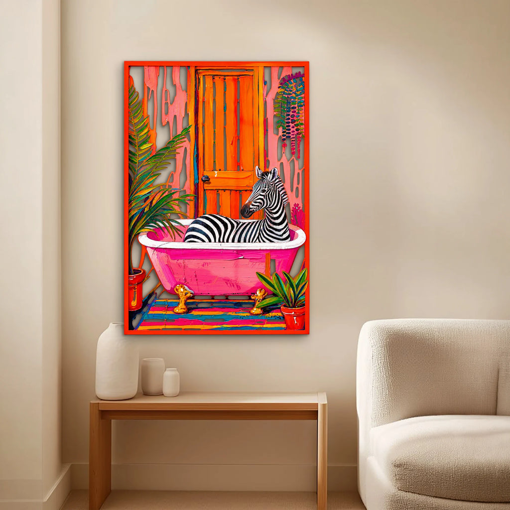 Pembe Küvette Zebra ve Turuncu Kapı Metal Tablo DEC0490
