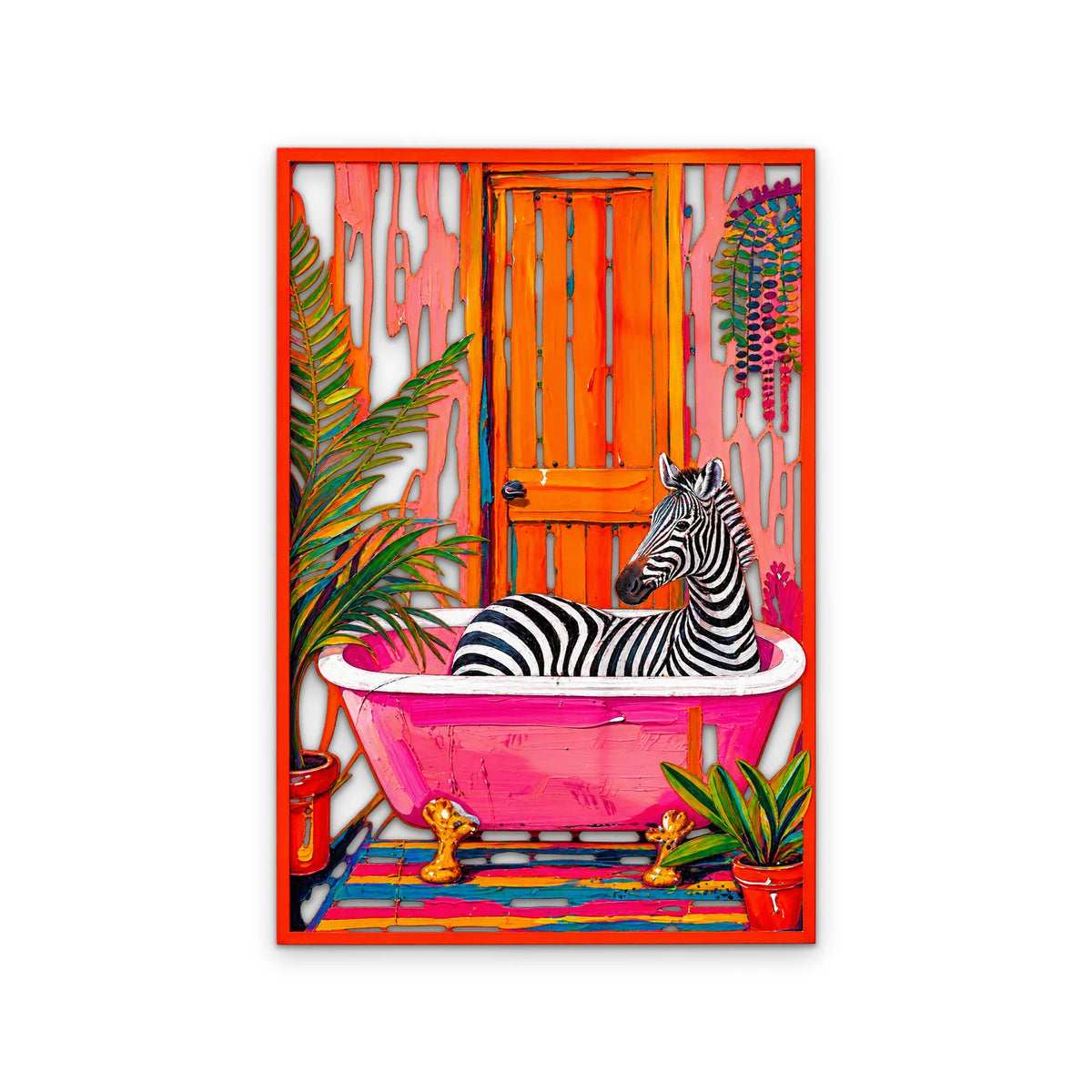 Pembe Küvette Zebra ve Turuncu Kapı Metal Tablo DEC0490