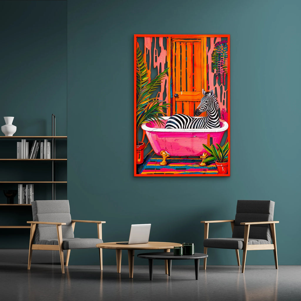 Pembe Küvette Zebra ve Turuncu Kapı Metal Tablo DEC0490