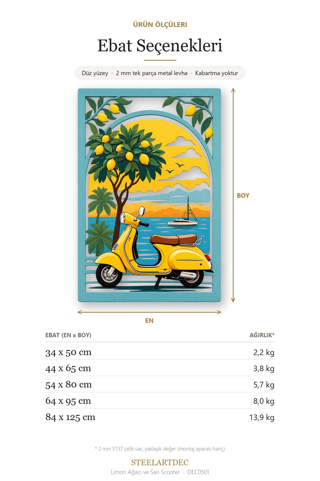 Limon Ağacı ve Sarı Scooter Metal Tablo DEC0501 — Açıklama: Ebat Seçenekleri