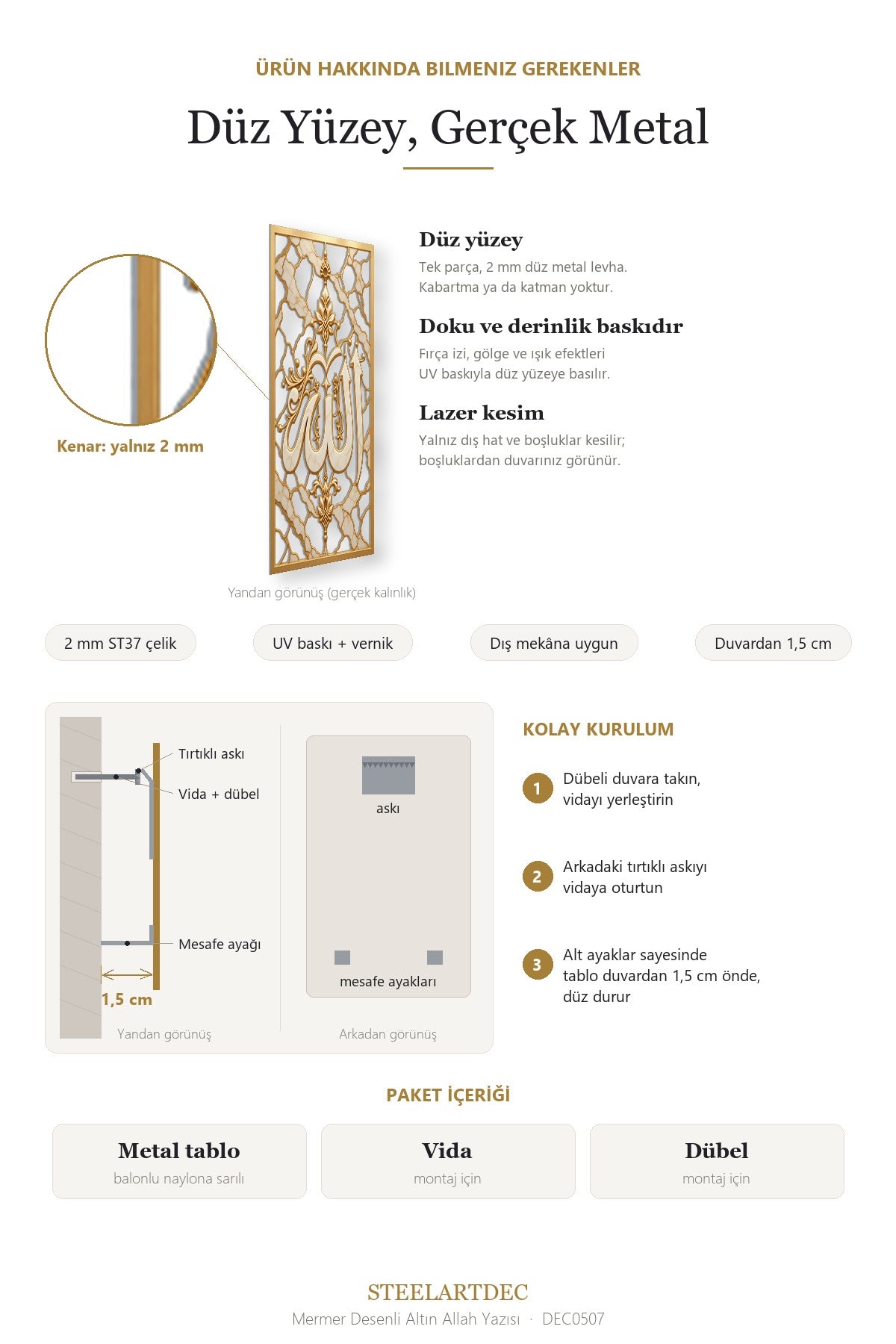 Mermer Desenli Altın Allah Yazısı Metal Tablo DEC0507 — Açıklama: Düz Yüzey ve Montaj