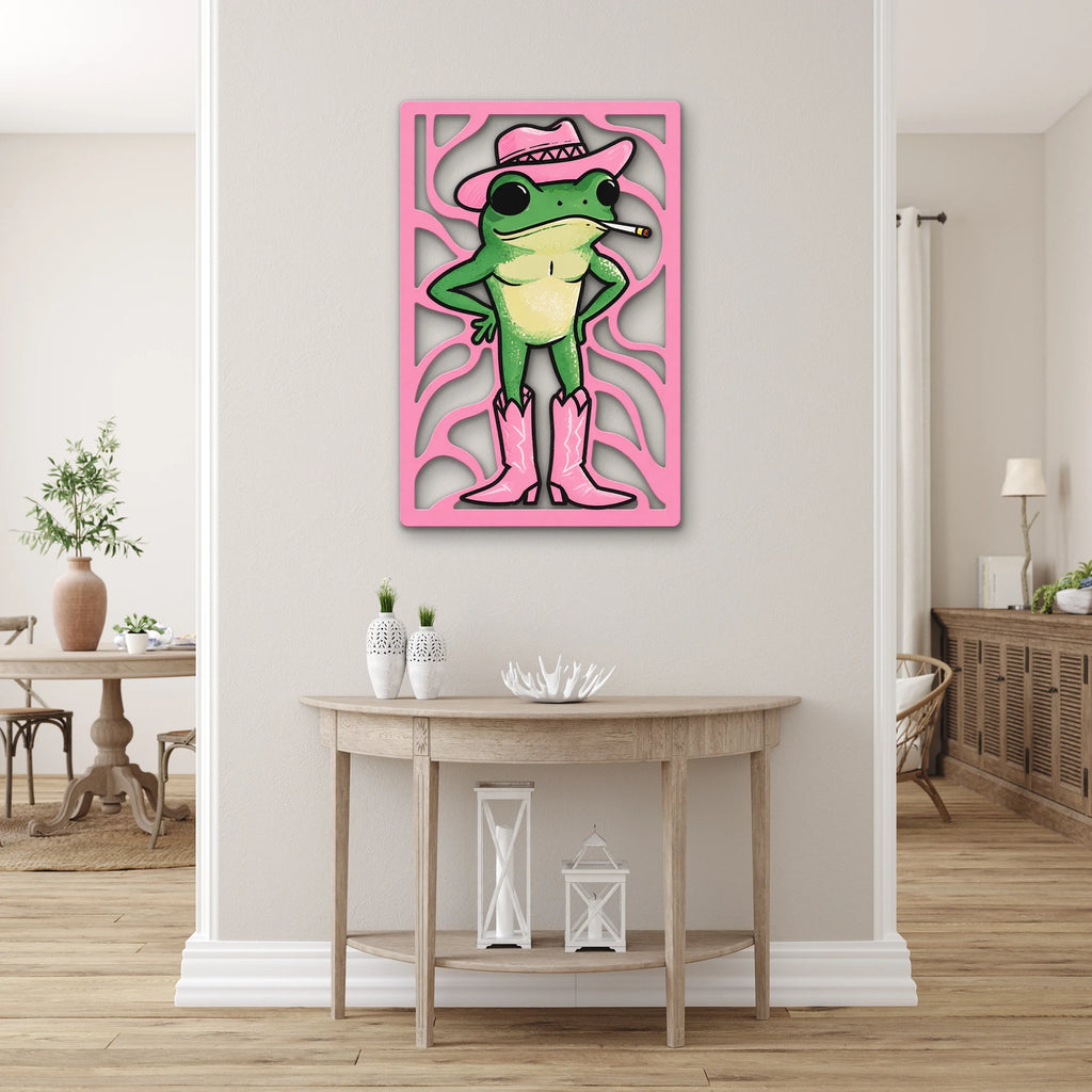 Pembe Kovboy Şapkalı Kurbağa Metal Tablo DEC0521