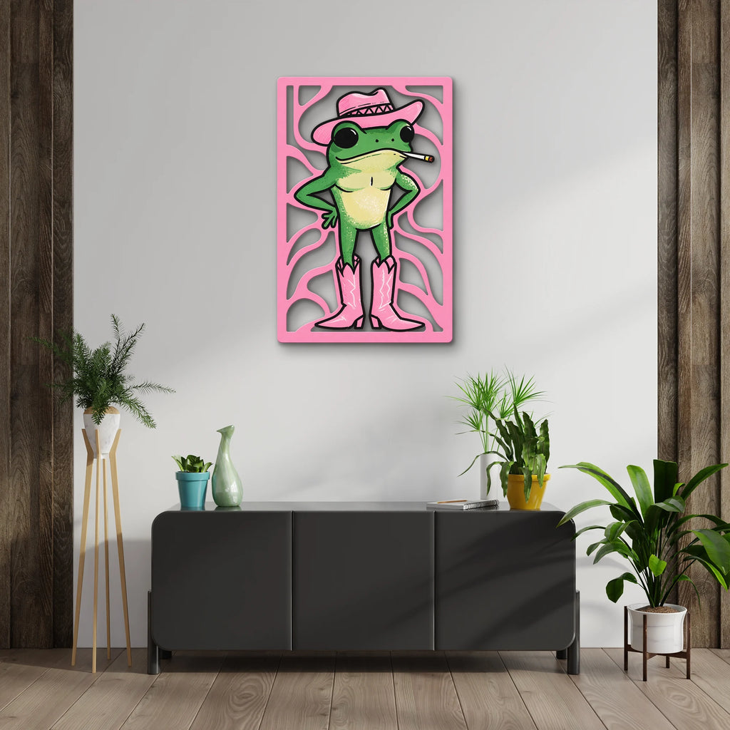 Pembe Kovboy Şapkalı Kurbağa Metal Tablo DEC0521