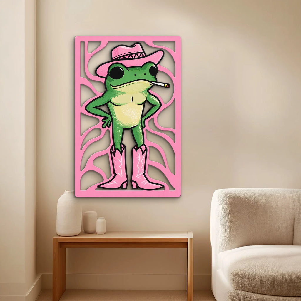 Pembe Kovboy Şapkalı Kurbağa Metal Tablo DEC0521