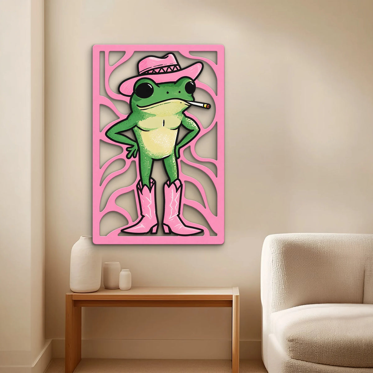 Pembe Kovboy Şapkalı Kurbağa Metal Tablo DEC0521