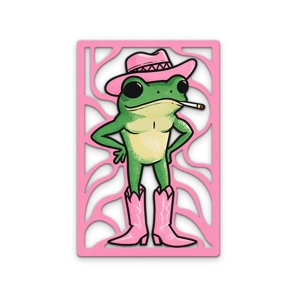 Pembe Kovboy Şapkalı Kurbağa Metal Tablo DEC0521