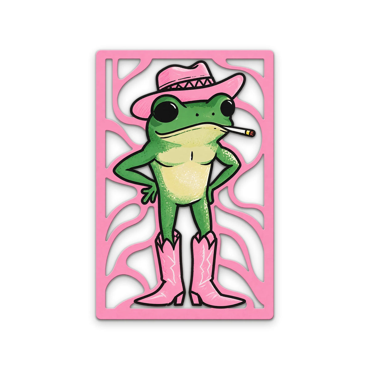 Pembe Kovboy Şapkalı Kurbağa Metal Tablo DEC0521