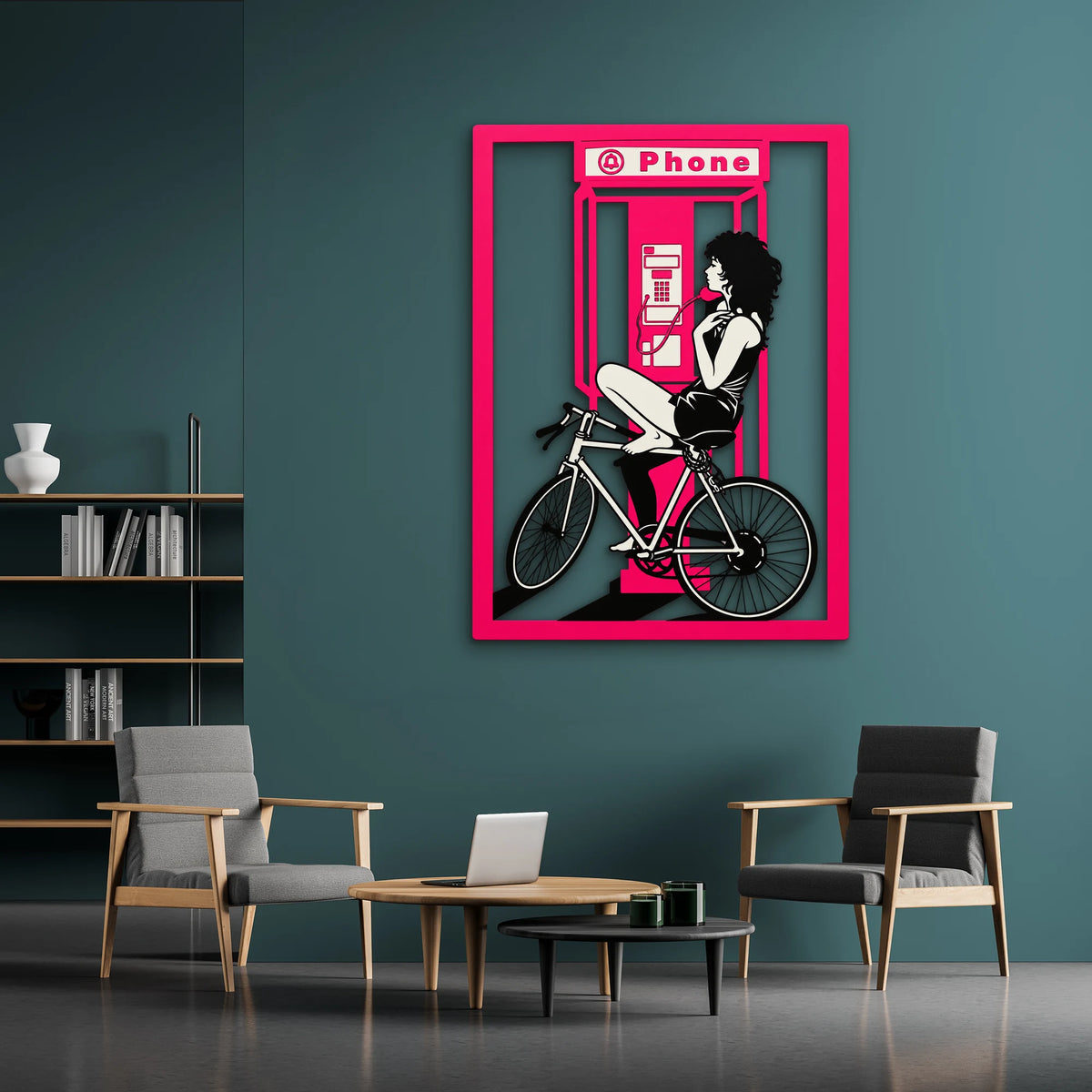 Pembe Telefon Kulübesi ve Bisikletli Kadın Metal Tablo DEC0526