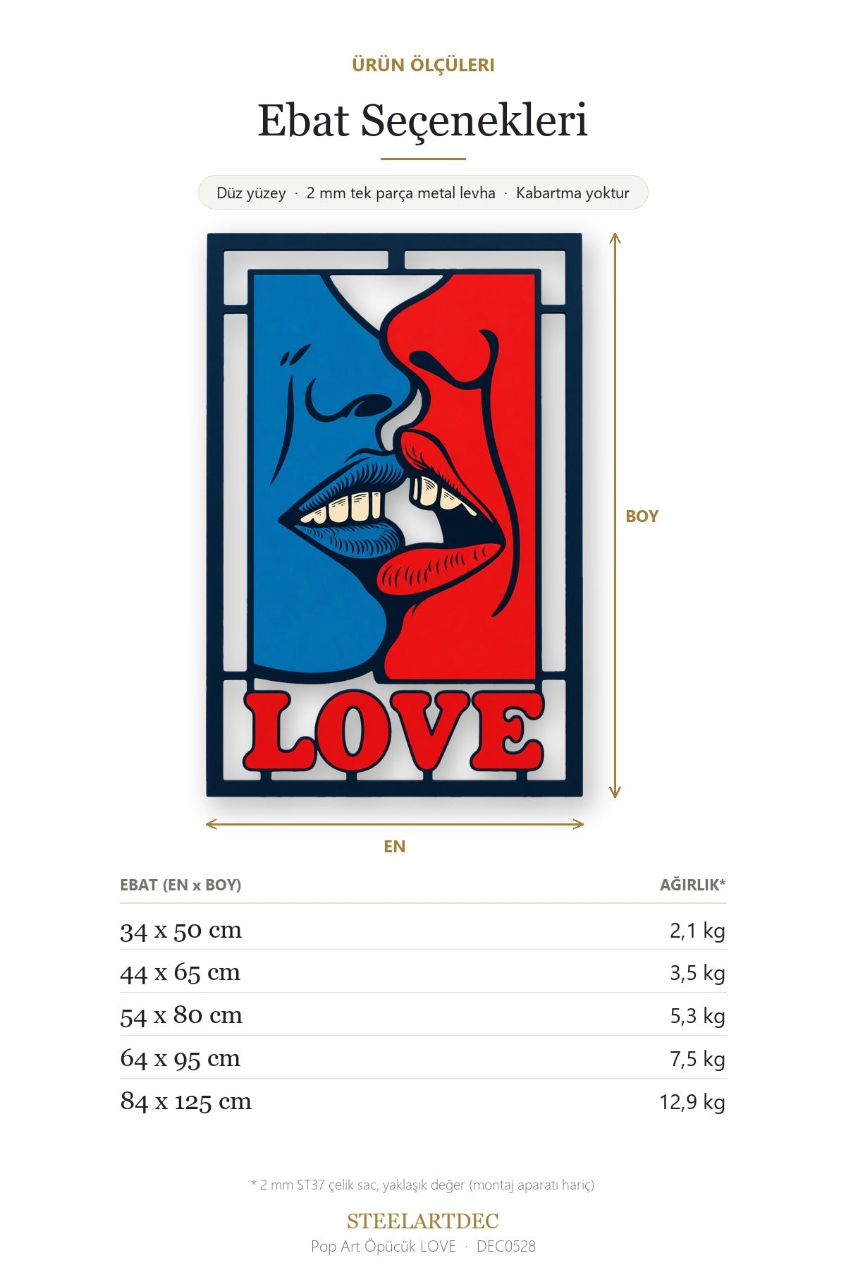 Pop Art Öpücük LOVE Metal Tablo DEC0528 — Açıklama: Ebat Seçenekleri
